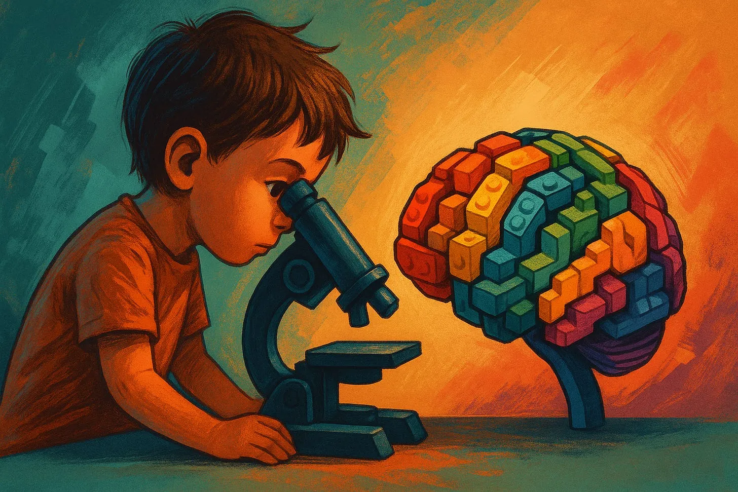 illustration of a child peering into a microscope at a brain built from colourful toy bricks