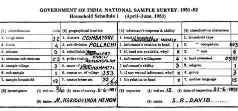 a hand-written ledger page from the 1951 national sample survey