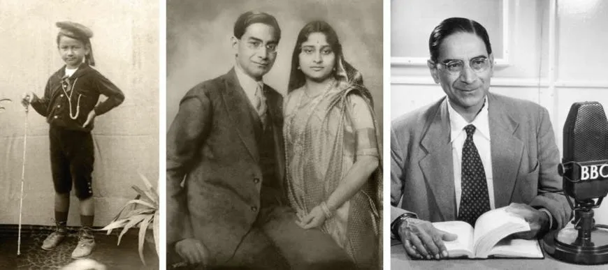 three photographs: mahalanobis as a child, with his wife nirmal kumari, and speaking on the bbc