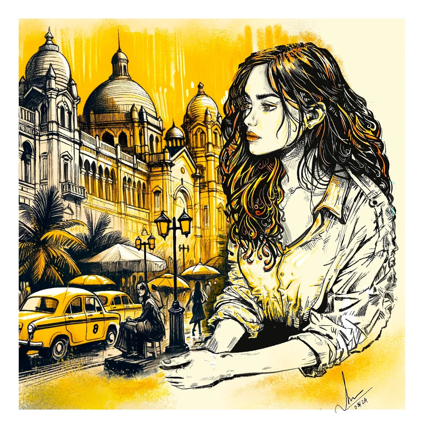 a moody painting of calcutta, made in procreate